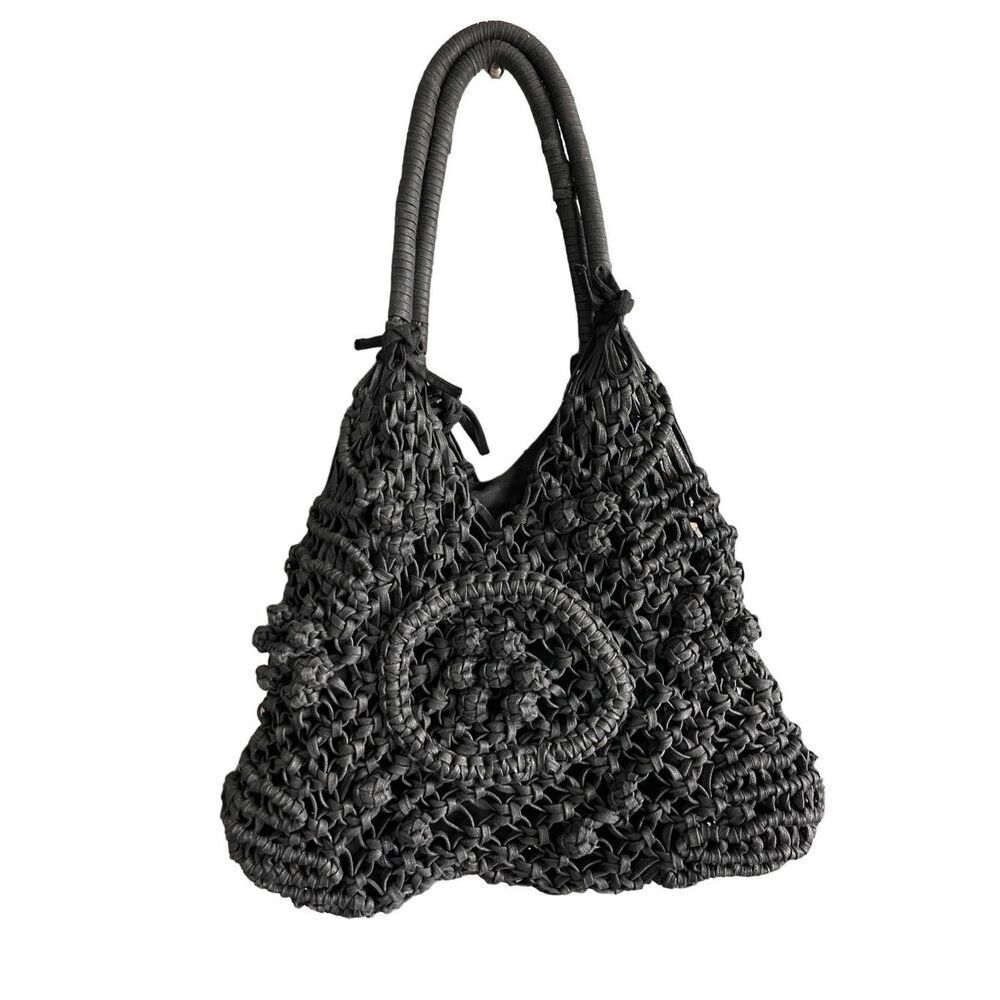 Clever Carriage Company Womens Black Crocheted Positano Hand Macrame Satchel Bag - Picture 3 of 11